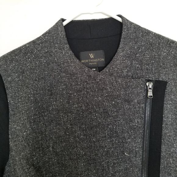 Worthington Petite Moto Jacket Knit Asymmetrical Hem Zip Up Short Tweed Size PM - Picture 2 of 9